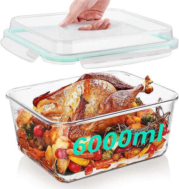 6 Litre Large Glass Containers with Lid, Airtight Freezer Safe, Glass Food Containers, Large for Chicken, Turkey, Melon or Party Plates