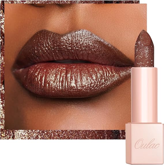 Oulac Brown Glitter Lipstick - Bronze Moisture Tinted Lip Balm, Metallic Sparkly Finish, Shiny lipstick, High Pigment, Creamy Brilliant Lip Color with Shea Butter, Vegan D06 Brown Diamond