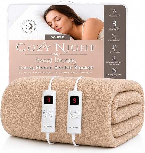 Sweet Dreams Double Size Electric Heated Blanket Mattress Soft Fleece Throw 9 Heat And 9 Timer Settings Dual Controller Washable 193X137CM (Double)