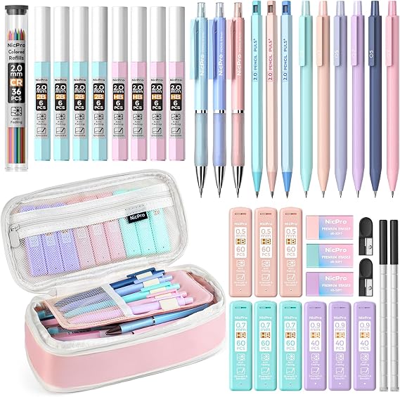 Nicpro 38PCS Aesthetic School Supplies in Pink Pencil Case, Cute Mechanical Pencil 0.5, 0.7, 0.9 & 2.0 mm with 18 Lead Refills, Pastel Mechanical Pencil Set for Students Girls Writing Drawing Drafting