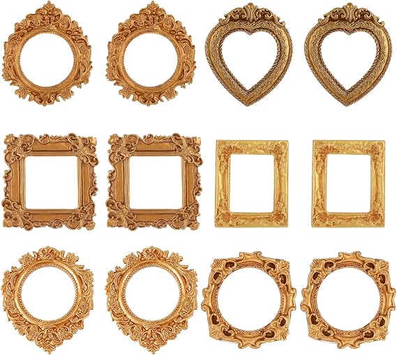 Mini Frames, Mini Gold Frames Set of 12 Pieces, Vintage Style small Photo Frames for DIY Craft Projects and Home Decor, Assorted Sizes and Shapes for Creative Displays
