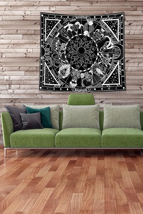 Ontheclouds Siyah Burç Desenli Leke Tutmaz Kadife Kumaş Duvar Örtüsü Duvar Halısı Tapestry, 140 x 140