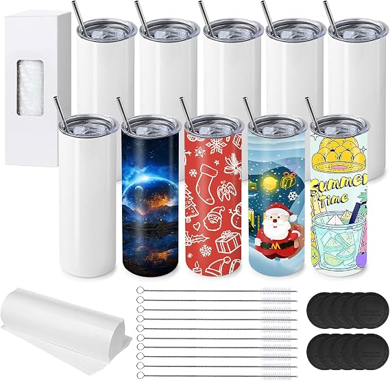 10 Pack Sublimation Tumblers Bulk, 20 oz White Skinny Straight Cups for Heat Press, Stainless Steel Double Wall Insulated Tumbler with Lids, Metal Straws, Shrink Wrap, Cleaning Brush, Individually Box