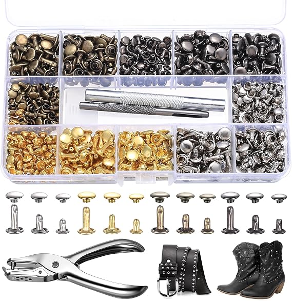 Leather Rivets Set with Tool, Rivets Set for Clothing, Double Cap Hollow Rivets Sets, 12 mm 8 mm 6 mm Leather Repair Sets, Leather Rivets Screw Rivets for Belt Buckle Decoration, 4 Colours