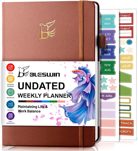 BLESWIN Undated Weekly Planner Diary, A5 Planner (5.7'' X 8.5'') Non-Dated Productivity Planner, Goal Journal Monthly Planner Notebook, Professional Brown Academic Diary for Work Life Management