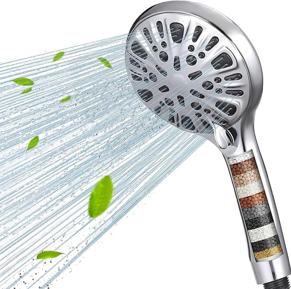 Filtered Shower Head with Handheld, High Pressure 9 Spray Mode Chrome Showerhead with Filters,Detachable Shower Head,Water Softener Filters Beads for Hard Water -Remove Chlorine
