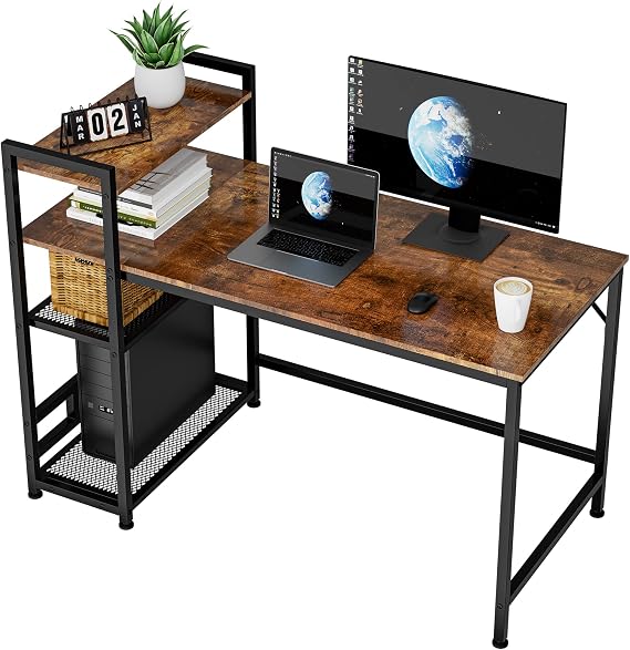 120cm Home Office Computer Desk with 4 Tier Shelf, Extra Deep 60cm Table | Spacious 120x60cm Tabletop, 4 Tier DIY Shelf (left/right), Sturdy Steel Frame Supports 110kg for Home Office Study Bedroom
