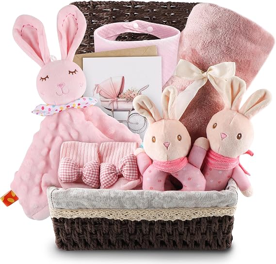 Baby Geschenk 9-teilig Ideal als Neugeborenen Geschenkset für Jungen Mädel Großer Geschenkkorb mit Decke Schmusetuch Rassel Lätzchen rutschfeste Socken Korb Baby Mädchen Geburt Babyparty (Rosa)