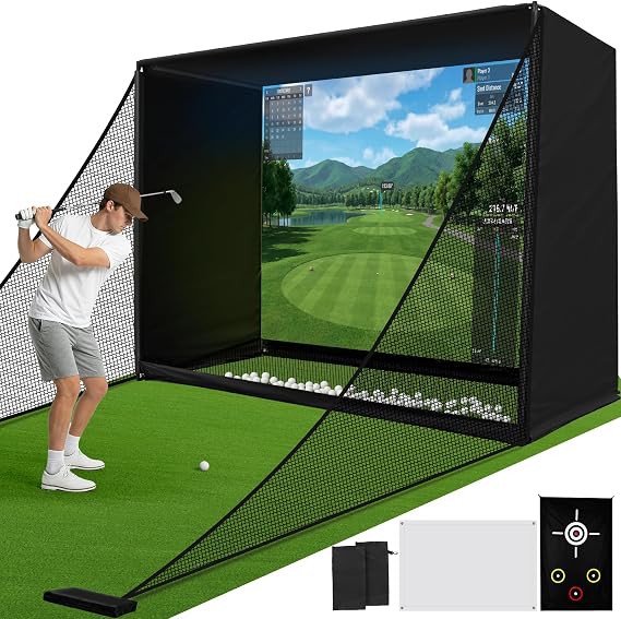 Golf Simulator Enclosure with HD Impact Screen, Target Cloth and Side Barriers, 10x8FT Golf Enclosure Net Package 210D with Ball Return and Foam-Padded Frame for Indoor, Outdoor and Backyard