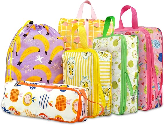 Compression Packing Cubes, Packing Cubes for Travel, Waterproof Luggage Organizer Bags Set, Cute Packaging Cubes for Women Kids Backpack Carry-Ons, Fruits, 6 Set