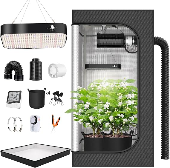 Grow Tent Complete Set with 200W LED Full Spectrum Grow Lamp Dimmable, 120x120x200cm(47x47x78in) Grow Tent Kit Complete Hydroponics