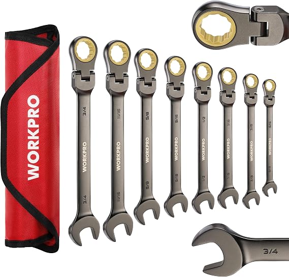 WORKPRO 8-Piece Flex-Head Ratcheting Combination Wrench Set, SAE 5/16-3/4 in, 72-Teeth, Cr-V Constructed, Nickel Plating with Organizer Bag