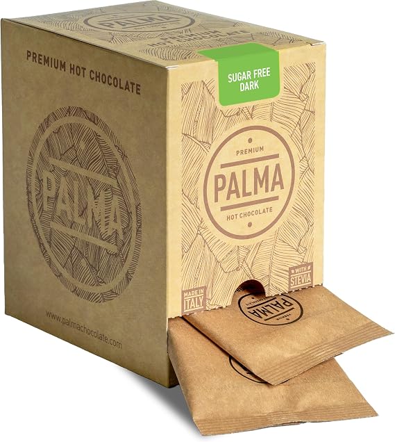 PALMA Italian Hot Chocolate Sachets - Sugar Free Dark Chocolate | Rich & Intense Drinking Chocolate | No Added Sugar, Gluten Free, GMO Free | Made in Italy | 500g (20 Servings)