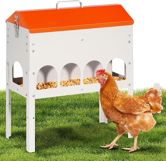 Automatic Chicken Feeder 5kg, Metal Poultry Feeding Trough, Elevated Feed Dispenser for Duck Pigeon, Orange, 41x17.7x37.5 cm