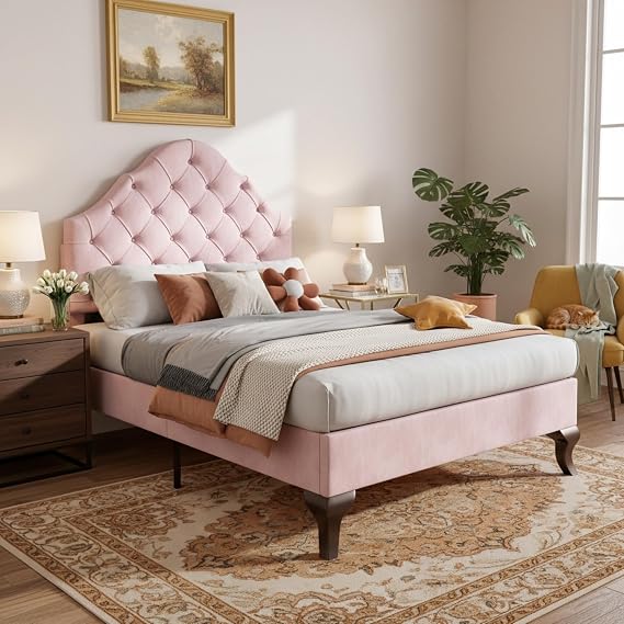Merax Upholstered Bed Single Bed Height-Adjustable Headboard with Slatted Frame - Youth Single Bed in Velvet Pink (90 * 190CM)