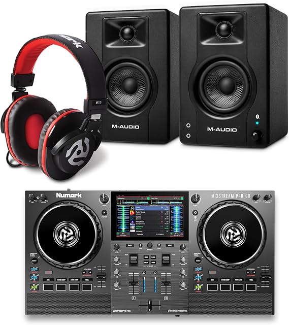 Numark Mixstream Pro Go DJ Controller and M-AUDIO BX3 Pair Bluetooth Studio Monitors with Headphones for Studio Recording, Music Production, Podcasting, Streaming