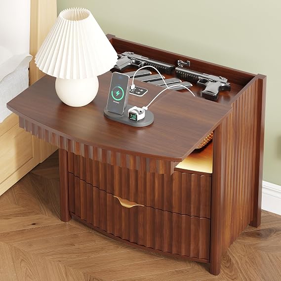 FREDEES Bedside Table with Hidden Drawer and LED Lights for Bedroom, Walnut