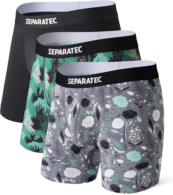 Separatec Men's Boxer Shorts Bamboo Rayon Printed Panties with Double Pouch Pack of 3