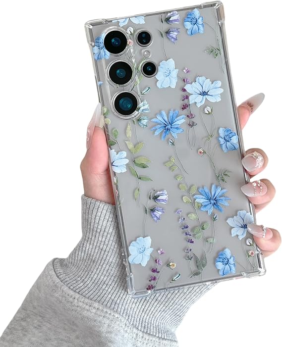DEFBSC for Samsung Galaxy S24 Ultra Case,Clear Floral Pattern,Blue Cosmos