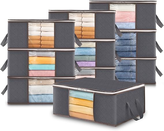 Lifewit Foldable Clothes Organizer with Reinforced Handle, Sturdy Fabric Storage Bag and Clear Window for Sweaters, Coats, T-Shirts, Blankets, 10 Pack, 35L, Grey
