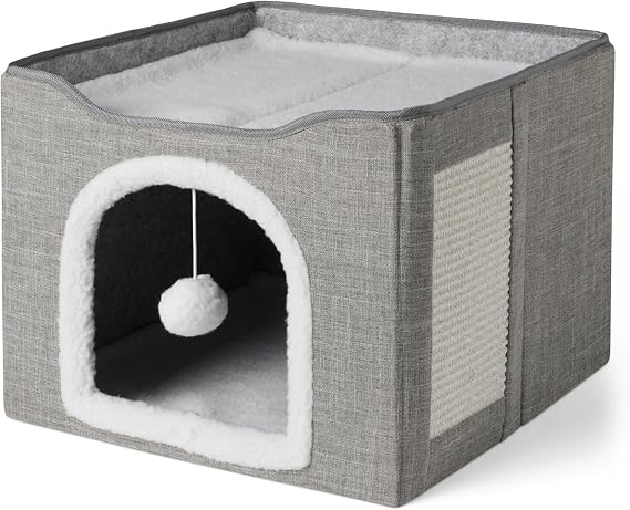 Amazon Basics Cat Beds with 1-Floor Cat House for Indoor Cats, Cat Cube with Hanging Toy Ball and Scratcher, Foldable Cat Cave, 42 x 42 x 33 cm, Grey