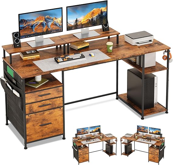 Computer Desk with 3 File Cabinet Drawers, Reversible Gaming Desk, Office Desk with Storage Shelves and Dual Monitor Stand for Home & Office (Rustic Brown)