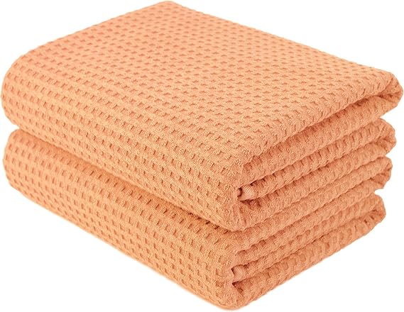 POLYTE Microfibre Oversize Quick Dry Lint Free Bath Towel, 76 x 152 cm, Set of 2 (Orange, Waffle Weave)