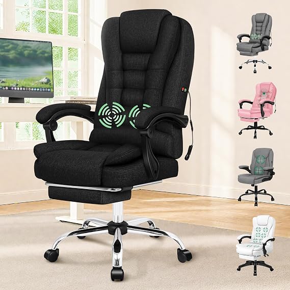 ELFORDSON 2-Point Massage Office Chair for Home, PC Gaming Chair with Footrest and Lumbar Support, High Back 150° Reclining Executive Desk Chair with Padded Armrest, Linen Black