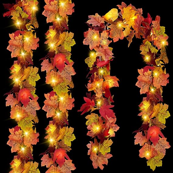 CQURE 3 Pack Fall Leaf Garland with Lights,Fall Decor Halloween String Lights Artificial Maple Leaves Autumn Garland Hanging Vines Thanksgiving Decor for Home Holiday Autumn