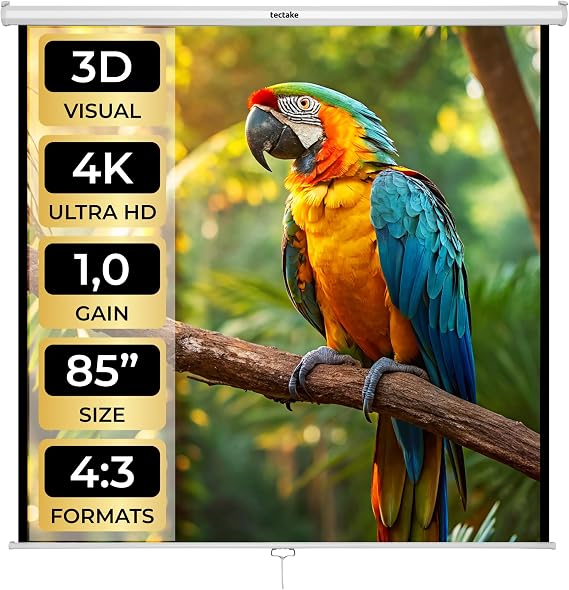 tectake® Roll Up and Retractable Projector Screen, Wall and Ceiling Mount, 1:1, 4:3 and 16:9 formats, Optimized for HDTV and 3D, Gain Factor 1.0, Projector Screen - 152 x 152 cm 84"