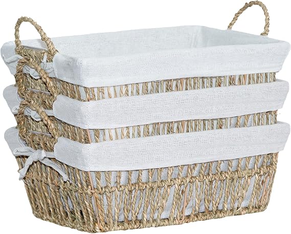 Wickerfield 3PCS Hamper Basket with Handle, Woven Wicker Basket, Paper Rope and Seagrass Storage Baskets (Seagrass)