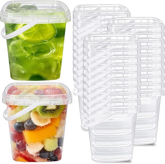 48 Pack 32 oz Square Deli Containers Bulk Clear Plastic Buckets with Airtight Lids Stackable Ice Cream Tub for Kitchen Meal Food Prep Microwave Refrigerator Party Picnic Fruit Yogurt Salad