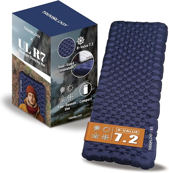 TREKOLOGY Camping Sleeping Pad with 7.2 R-Value– Ultra-Lightweight, 4" Thick Camping Mat for All Seasons – Compact, Durable & Waterproof – Ideal for Backpacking, Hiking, and Outdoor Adventures UL R7