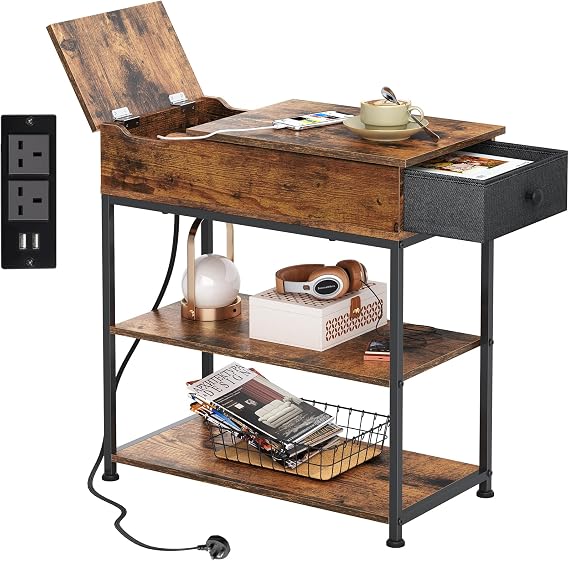WLIVE 3-Tier Side Table with Charging Station, Fabric Drawer, Brown
