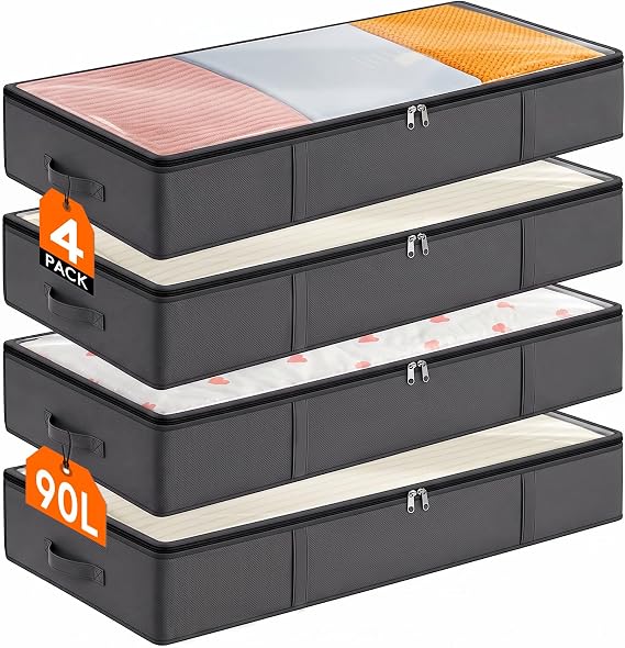 Lifewit Clothes Storage Bags, Large Capacity Storage Boxes with Reinforced Handle, Foldable Organizer Boxes for Blankets, Clothes, Grey, 90 L, 4 Pieces