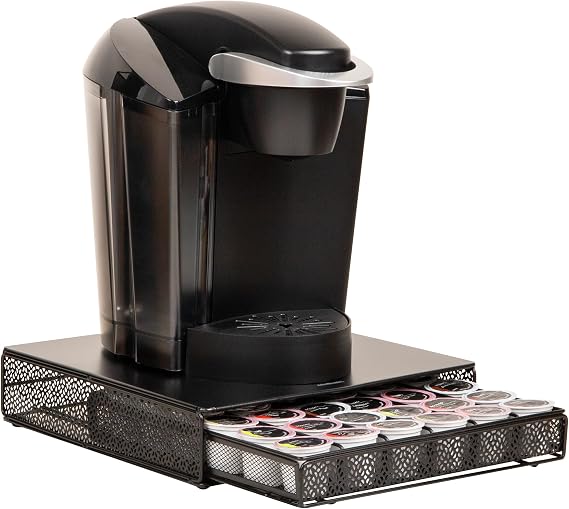 Mind Reader Network Collection, Single Serve Coffee Pod Drawer, 36 Coffee Pod Capacity, Coffee Machine Base, Solid Metal Top with Decorative Mesh Drawer, 9.5"L x 12.25"W x 2.5"H, Black
