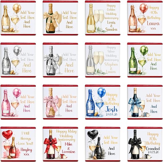 Personalised Champagne Chocolate Neapolitan Squares Congratulations Well Done Get Well Soon Thank you Anniversary Birthday Wedding Hen Party Favour Custom Own Design (50, Red Foil)