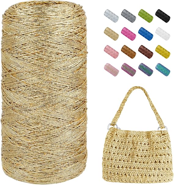 Uiopa Crochet Thread 1 mm x 480 m Metallic Yarn for Crochet, Shiny Yarns for Crochet Bag, Baskets, Decoration, Crafts (Champagne Gold)