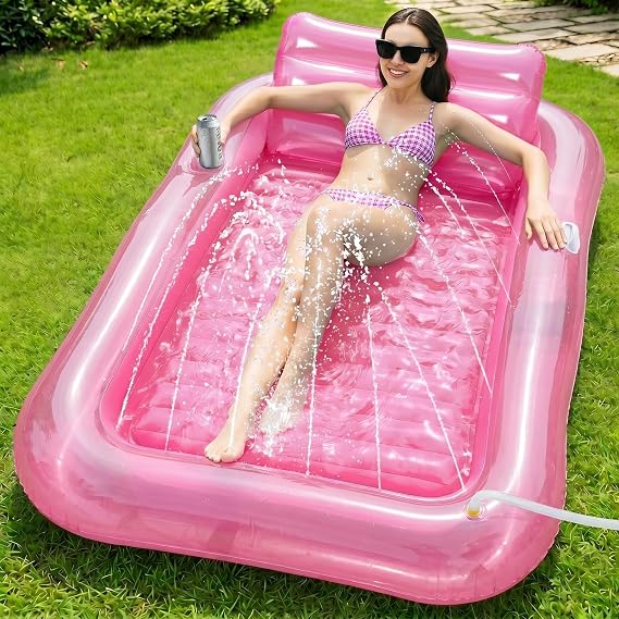 inflatable tanning float with sprinkler, swimming pool float for adult with cup holder, inflatable tanning bed, raft float for garden, pool, beach, summer water party