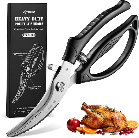 Professional Kitchen Scissors: Sharp Bird Scissors with Lock and Spring, Suitable for Chicken, Fish, Meat, Bones and Vegetables, Black