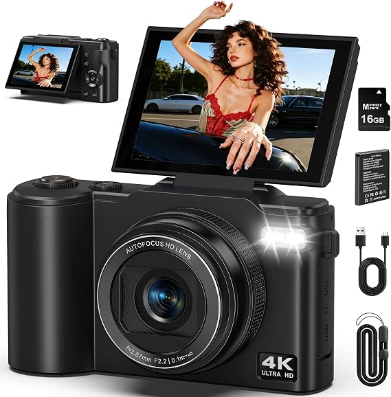 4K Digital Camera 64MP UHD Compact Camera with 3.0” 180° Flip Screen