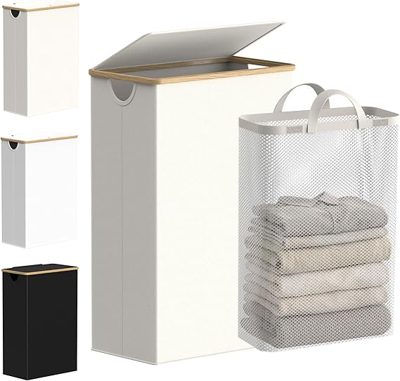 efluky Slim Laundry Basket with Lid, Tall Narrow Washing Basket for Laundry, Folding Small Slimline Laundry Baskets for Dirty Clothes, 75L Cloth Storage Basket