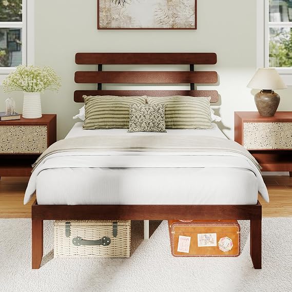 COSTWAY 4FT6 Double/5FT King Size Bed Frame, Solid Rubber Wood Platform Beds with Retro High Headboard and 30cm Underbed Storage, Wooden Slat Support Bed Base, No Box Spring Needed (Walnut, Double)