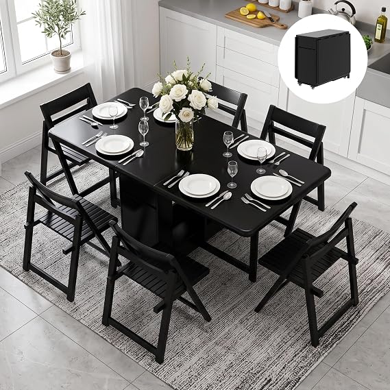 Folding Drop Leaf Dining Table and Chairs Set 6 Seater, Ready Assembled Space Saving Foldable Solid Wood Kitchen Table with Storage and Lockable Wheels (Black, 150 cm Table with 6 Chairs)