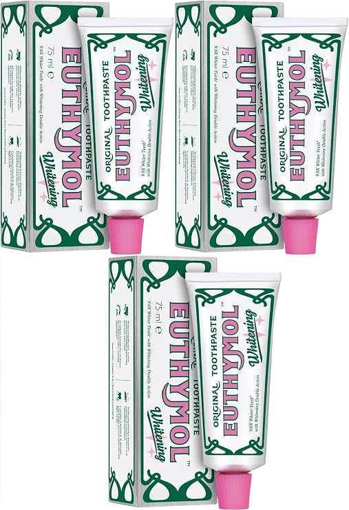 Euthymol Original Whitening Toothpaste 75ml x 3 – Made in Korea – 9.6X Whiter Teeth – Double Action – Fluoride & Vitamin E – Fights Cavities & Gingivitis – Non-GMO, Gluten-Free, Recyclable Packaging