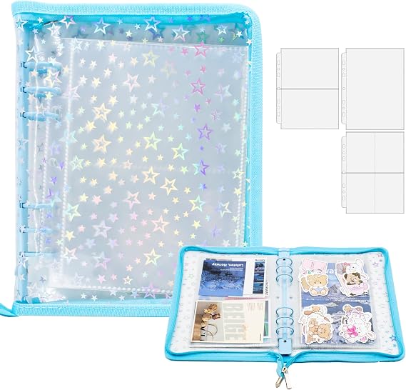 A5 Sticker Storage Binder with Zipper Closure, Reusable Sticker Organizer Album with Pockets, Perfect for Collecting, Organizing, and Displaying Stickers (Star-Blue)