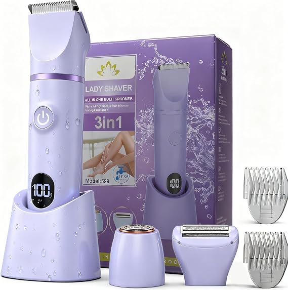 Lady Shavers for Women 3-in-1, Bikini Trimmer Women Wet & Dry Use Groomer, Electric Shavers Razors IPX7 Waterproof Pubic Hair Remover, Face Lip Underarm Legs Body 80 Mins Cordless Use (Puper)