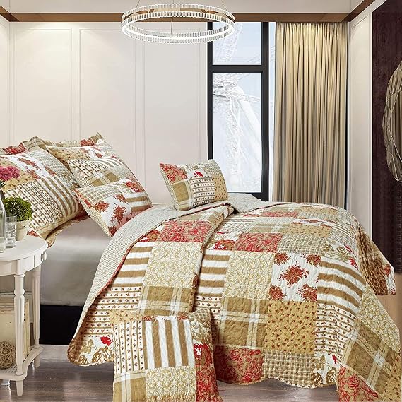 B&B King Size Bed Throw for Bedroom Decor + 2 Pillow Sham 3 Piece Quilted Bedspread Beautiful Floral Vintage Design Comforter Set (Alvina)