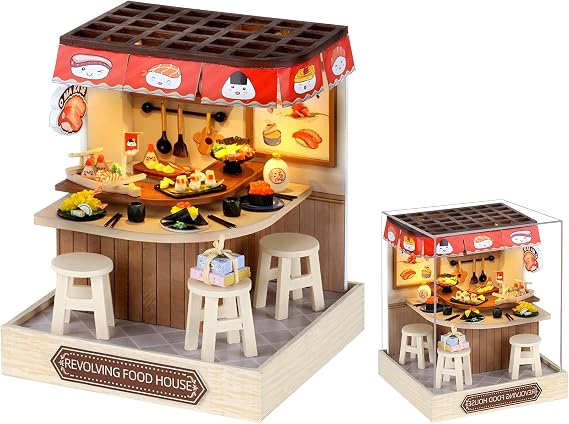 DIY Miniature House Kit, Mini Dollhouses, 3D Wooden Kit with LED and Dust Cover, Handmade Crafts for Children Teens Adults Friends Birthday Home Decor(Revolving Food)
