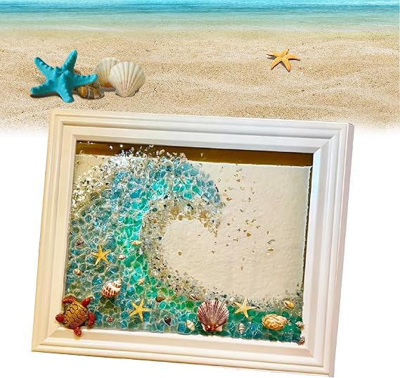 Funvalley Surperfect Sea Glass Art Kit, Sea Turtle Glass Art Kits for Adults, DIY Resin Beach Art Kit, Ocean Painting Kit, Resin DIY Crafts Ocean Theme Art Frames Decoration (Wave)